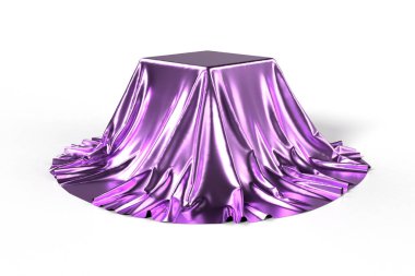 Beyaz arka planda izole edilmiş parlak mor metalik kumaşla kaplı bir kutu. Sürpriz, ödül, ödül, sunum konsepti. Fotorealistik 3D illüstrasyon