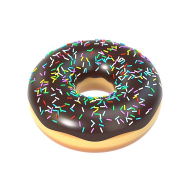 Çikolata kremalı, serpiştirilmiş lezzetli renkli donut. Beyaz arka planda izole edilmiş tatlı Amerikan tatlısının makro görüntüsü. Pastane broşürü, poster ve albüm için grafiksel tasarım öğesi. 3B illüstrasyon