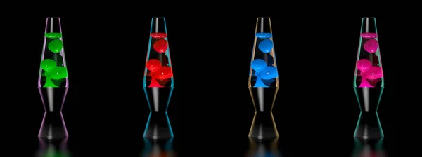 Set of four lava lamps. 70-ies style concept. Pink, red, blue and green lava lamps on black background with reflection. Graphic design elements for flyer, poster, invitation. Realistic 3D illustration