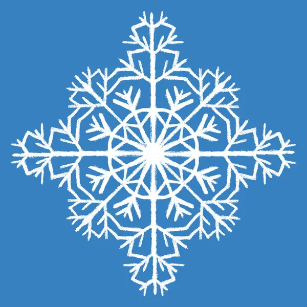 Hand drawn snow flake, hand made art with crayon. Abstract geometric snowflake shape. White crystal on blue background