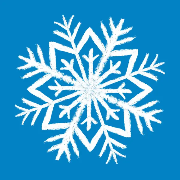 Hand drawn snow flake, hand made art with crayon. Abstract geometric snowflake shape. White crystal on blue background