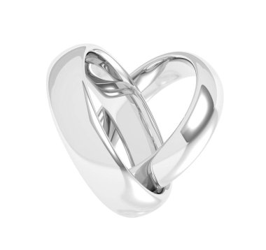 İki beyaz altın, platin ya da gümüş alyans. Beyaz arkaplanda 3 boyutlu resimleme izole edildi.