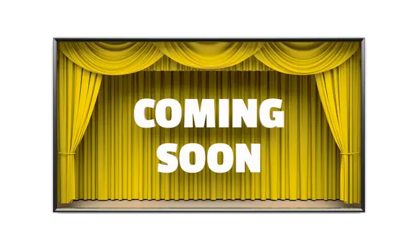 Coming Soon poster. White letters, stage curtains revealing a message. Cable tv show advertisement, blockbuster movie premiere, party invitation poster, new product flyer concept. 3D illustration
