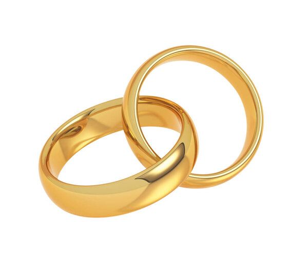 Two golden wedding ring bands on white background. Love and marriage concept. 3D illustration.