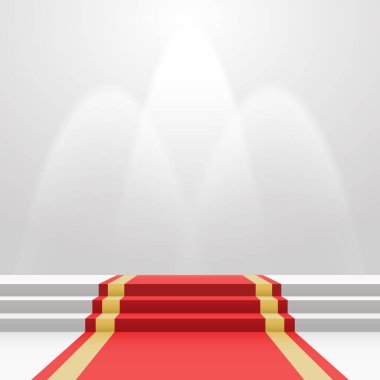 Kırmızı halı üzerinde merdiven. Boş beyaz ışıklı podyum. Boş şablon resimde bir nesne, kişi, logo, metin alanı olan. Ödül sunum, gala, töreni, kavram.