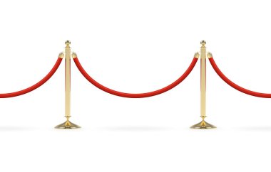 Kırmızı ipsiz çizgileri olan bariyerler. Kırmızı halı etkinliği girişimi. VIP bölgesi, kapalı etkinlik kısıtlaması. Altın direklerin gerçekçi görüntüsü, kadife ip. Beyaz arka planda izole edilmiş. Vektör illüstrasyonu