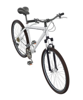 Beyaz bisiklet, ön manzara. Siyah deri eyer ve tutamaklar. Beyaz arkaplanda izole edilmiş, 3 boyutlu illüstrasyon