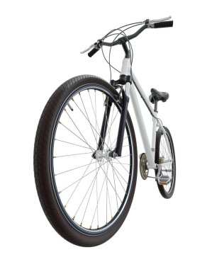 Beyaz bisiklet, ön manzara. Siyah deri eyer ve tutamaklar. Beyaz arkaplanda izole edilmiş, 3 boyutlu illüstrasyon