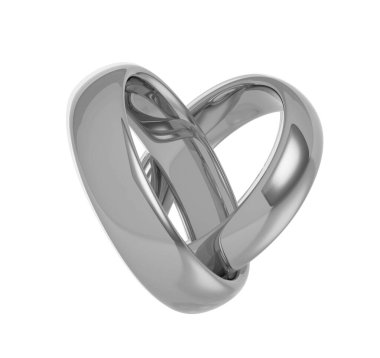 İki beyaz altın, platin ya da gümüş alyans. Beyaz arkaplanda 3 boyutlu resimleme izole edildi.