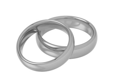 İki beyaz altın, platin ya da gümüş alyans. Beyaz arkaplanda 3 boyutlu resimleme izole edildi.