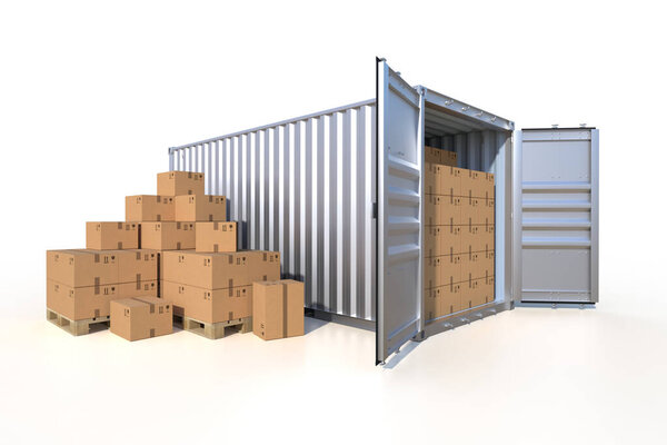 Судовой грузовой контейнер вид сбоку, открытые двери, полные картонных коробок. Куча картонных коробок на поддоне. 3D иллюстрация