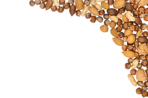 Berbagai Kacang Kacangan Diatur Dalam Tumpukan Dengan Ruang Fotokopi Spanduk — Stok Foto
