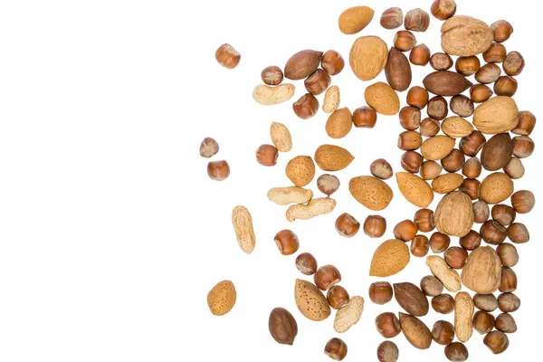 Berbagai Kacang Kacangan Diatur Dalam Tumpukan Dengan Ruang Fotokopi Spanduk — Stok Foto