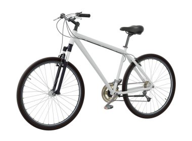 Beyaz bisiklet, yan görüş. Siyah deri eyer ve tutamaklar. Beyaz arkaplanda izole edilmiş, 3 boyutlu illüstrasyon