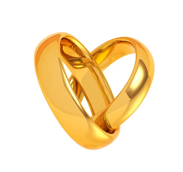 白い背景にハートの形をした2つの黄金の結婚指輪 愛と結婚のコンセプト 3Dイラスト — ストック写真