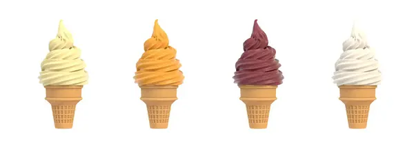 Waffle Kümesinde Yumuşak Dondurma Çeşitli Tatlar Beyaz Arka Planda Izole — Stok fotoğraf