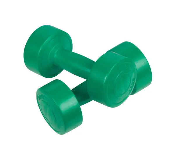 Two Bright Colored Athletic Rubber Dumbbells Isolated White Background — Stok Foto