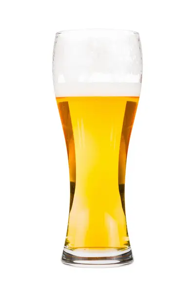 Gelas Bir Tinggi Hampir Penuh Dengan Bir Dalam Proses Minum — Stok Foto