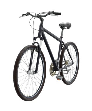 Siyah bisiklet, ön manzara. Siyah deri eyer ve tutamaklar. Beyaz arkaplanda izole edilmiş, 3 boyutlu illüstrasyon