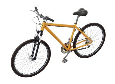 Turuncu bisiklet, yan manzara. Siyah deri eyer ve tutamaklar. Beyaz arkaplanda izole edilmiş, 3 boyutlu illüstrasyon