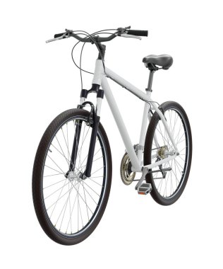 Beyaz bisiklet, ön manzara. Siyah deri eyer ve tutamaklar. Beyaz arkaplanda izole edilmiş, 3 boyutlu illüstrasyon