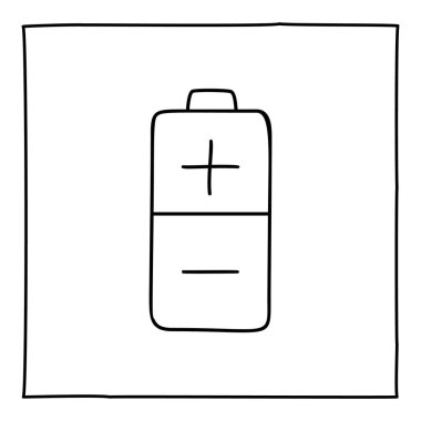 Doodle eco battery icon. Black and white symbol with frame. Line art style graphic design element. Web button. Isolated on white background. Battery, ecology sign, recycle concept.