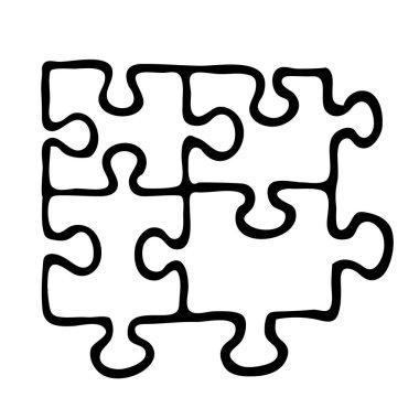 Doodle puzzle icon, hand drawn with thin black line. Isolated on white background. Vector illustration