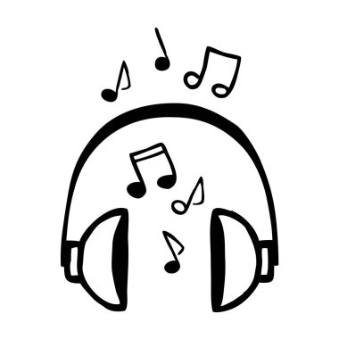 Müzikli Doodle Kulaklıklar ince siyah çizgili el yazısıyla çalıyor. Grafik tasarım ögesi beyaz arkaplanda izole edildi. Vektör illüstrasyonu