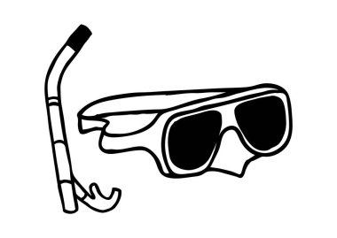 Şnorkel ve dalış maskesi, basit bir denizcilik taslak silueti simgesi. Vektör illüstrasyonu beyaz arkaplanda izole edildi