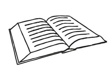 Karalama açık kitap ikonu. Beyaz arkaplanda el çizimi kitap, günlük ya da defter sembolü var. Vektör illüstrasyonu