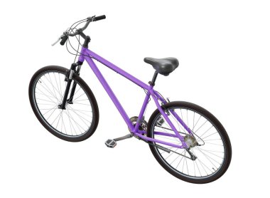 Mor bisiklet, yan manzara. Siyah deri eyer ve tutamaklar. Beyaz arkaplanda izole edilmiş, 3 boyutlu illüstrasyon