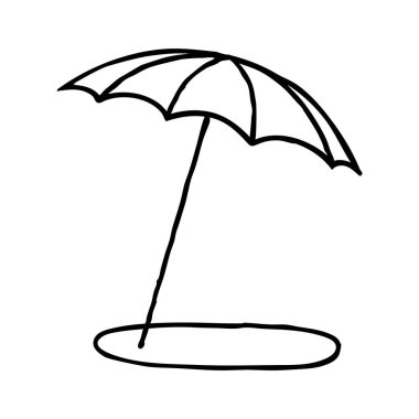 Doodle Beach Şemsiyesi skeci. El çizimi plaj sembolü beyaz arka planda izole edilmiş. Vektör illüstrasyonu