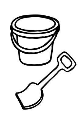 Çocuklar kova ve kürekle plaj oyuncağı skeci yapıyor. El çizimi plaj sembolü beyaz arka planda izole edilmiş. Vektör illüstrasyonu