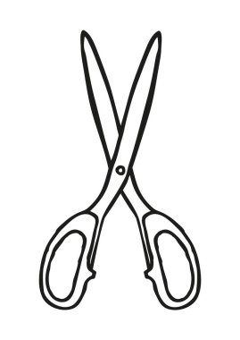 Makas simgesi ya da logo, ince siyah çizgili el çizimi. Beyaz arka planda izole edilmiş. Vektör illüstrasyonu