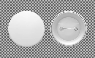 Blank white round pin. Graphic design element for slogans, sale announcements, corporate identity, scrapbooking. Empty badge template, front and back. Vector illustration