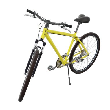 Kickstand 'a yaslanırken ayakta duran sarı bisiklet, üst manzara. Tekme üzerinde dinlenen bisiklet standı beyaz arka planda izole edilmiş, 3 boyutlu illüstrasyon