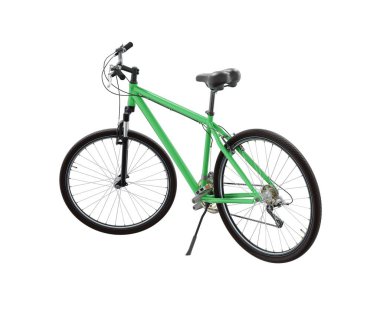 Kickstand, yan görünüm yaslanırken yeşil bisiklet ayakta duruyor. Tekme üzerinde dinlenen bisiklet standı beyaz arka planda izole edilmiş, 3 boyutlu illüstrasyon