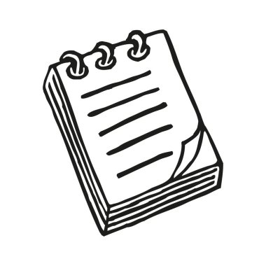 Mürekkep kalemli Doodle Notepad simgesi. Çizgi sanatı grafik tasarım ögesi beyaz arkaplanda izole edildi. Vektör illüstrasyonu