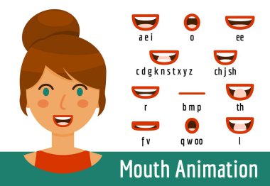 Mouth Lip Sync ses telaffuzunun animasyonu için ayarlandı. Sahte ağız, yeşil gözlü ve kırmızı dudaklı esmer bir kadının koleksiyonunu şekillendiriyor. Konuşan Avatar kafası. Çizgi film düz stili. Vektör illüstrasyonu