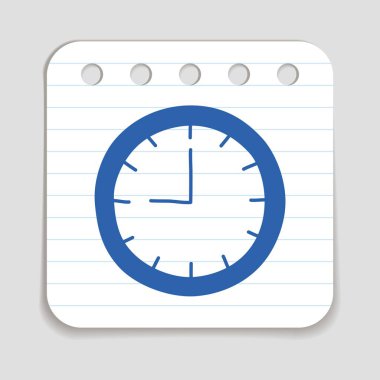 Doodle Wall Clock simgesi. Not kâğıdının üzerine mavi kalem çizilmiş bilgi sembolü. Çizgi sanatı grafik tasarım elemanı. Gölgeli web düğmesi. Vektör illüstrasyonu