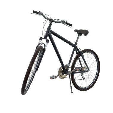 Siyah bisiklet ayakta duruyor, ön taraftaki kickstand 'a yaslanırken. Tekme üzerinde dinlenen bisiklet standı beyaz arka planda izole edilmiş, 3 boyutlu illüstrasyon