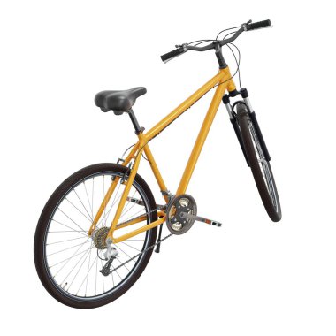 Kickstand 'a yaslanırken ayakta duran turuncu bisiklet, yan görünüm. Tekme üzerinde dinlenen bisiklet standı beyaz arka planda izole edilmiş, 3 boyutlu illüstrasyon