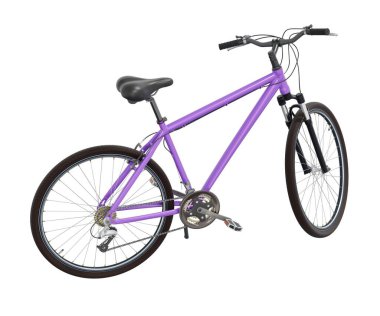 Kickstand, yan görüş yaslanırken mor bisiklet ayakta duruyor. Tekme üzerinde dinlenen bisiklet standı beyaz arka planda izole edilmiş, 3 boyutlu illüstrasyon