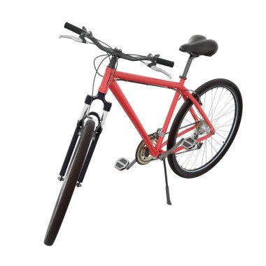 Kırmızı bisiklet ayakta duruyor, ön taraftan kickstand 'a yaslanıyor. Tekme üzerinde dinlenen bisiklet standı beyaz arka planda izole edilmiş, 3 boyutlu illüstrasyon