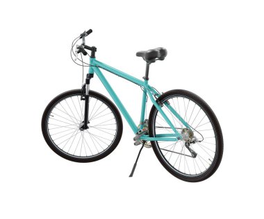 Mavi deniz mavisi bisiklet ayakta duruyor. Kickstand 'a yaslanırken, yandan yandan bakıyor. Tekme üzerinde dinlenen bisiklet standı beyaz arka planda izole edilmiş, 3 boyutlu illüstrasyon