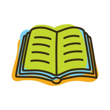 İnce çizgili ve renkli lekelerle renklendirilmiş karalama kitabı simgesi. Hardcover edebiyat sembolü beyaz arka planda izole edilmiş. Vektör illüstrasyonu