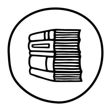 Kitap yığını ikonu. Beyaz arkaplanda el çizimi kitap, günlük ya da defter sembolü var. Vektör illüstrasyonu