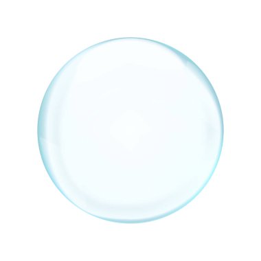 Mavi şeffaf ışık küresi ya da beyaz zemin üzerinde izole edilmiş parıltı ve şeffaflık içeren bir baloncuk. Vektör illüstrasyonu