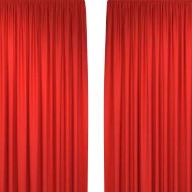 Kırmızı perdeler beyaz arka planda izole edilmiş. Tiyatro sahnesinde ya da konser salonunda iç gösteri etkinliği için gerçekçi tiyatro perdeleri. Vektör illüstrasyonu