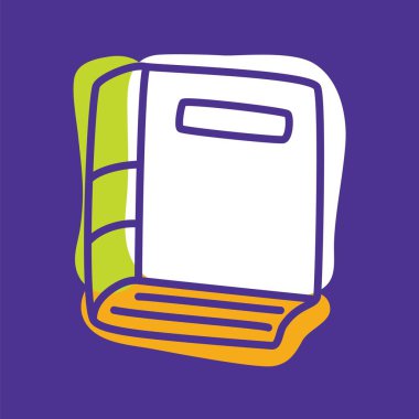 İnce çizgili ve renkli lekelerle renklendirilmiş karalama kitabı simgesi. Hardcover edebiyat sembolü beyaz arka planda izole edilmiş. Vektör illüstrasyonu